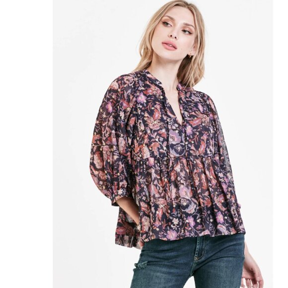 Dear John Size Small Malia Top Golden Iris Floral Multi Flowy Boho Semi Sheer - Picture 1 of 15